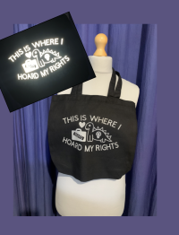 Reflective 'hoard my rights' dinosaur tote bag