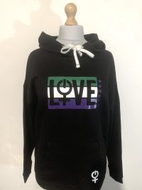 'LOVE' hoodie in sufragette colours